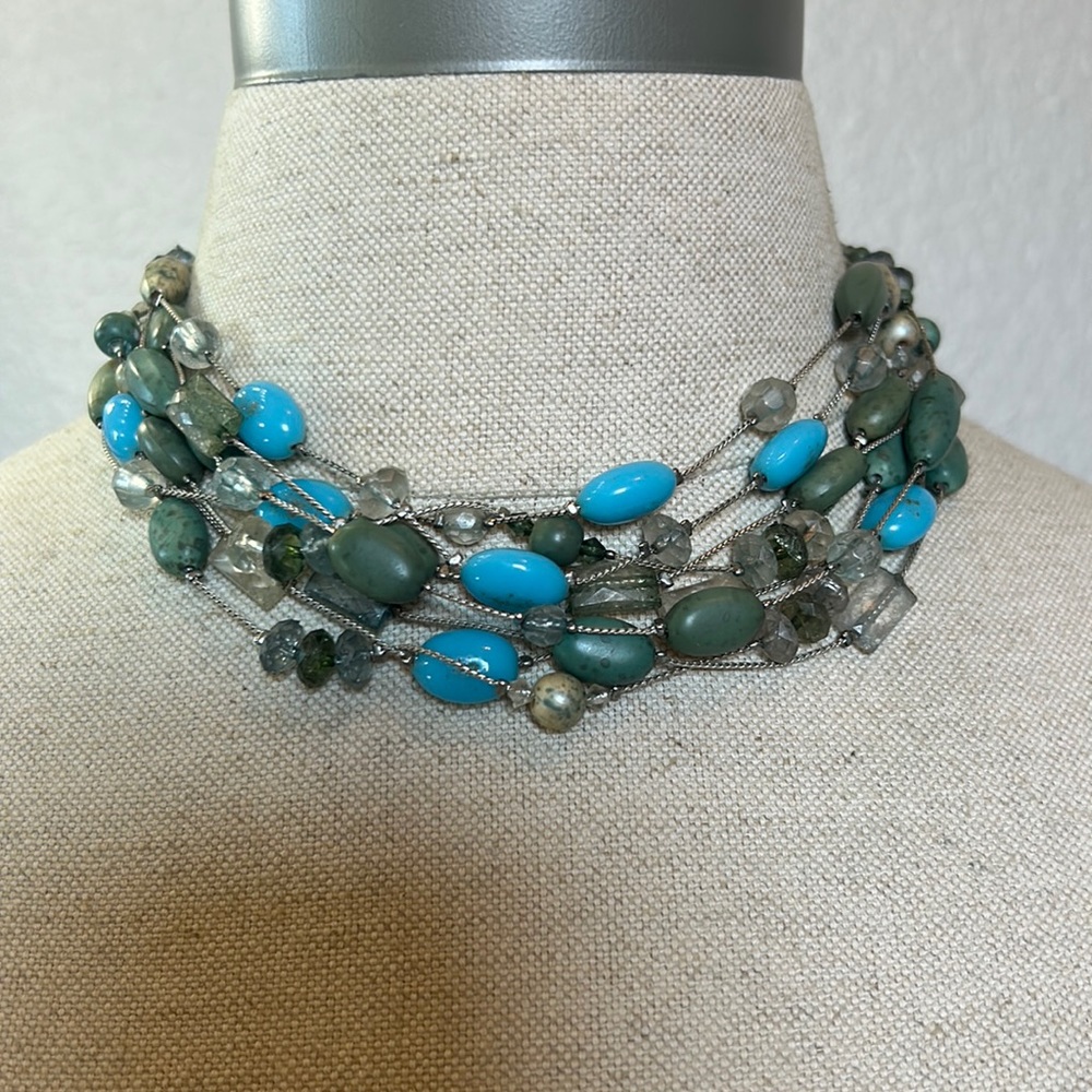 Turquoise Multi Colored Layered Beaded Necklace with Matching Earrings